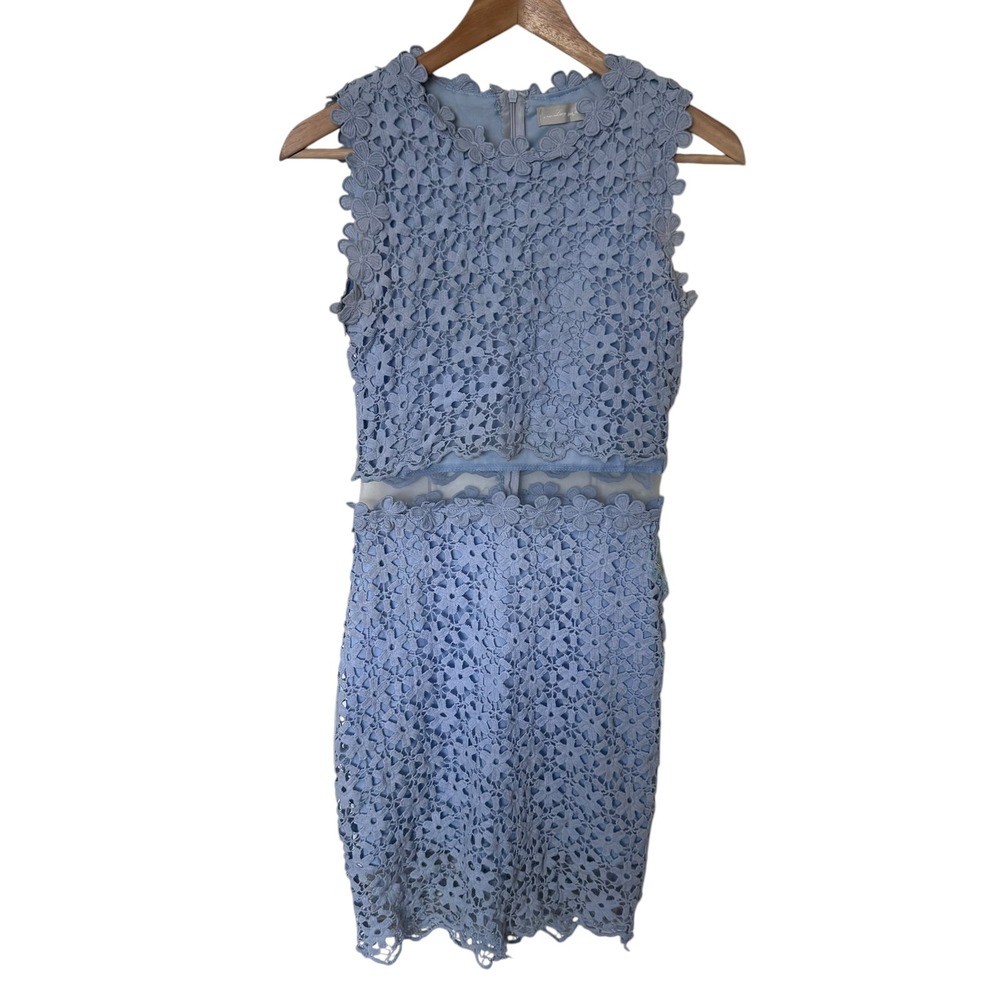 Lucy Wang Lace Sheath Dress Womens Small Blue Excellent Floral‎ Mesh Mini